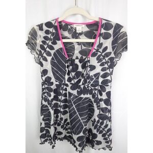 Harold's‎ Sheer Floral Leaves Black White Pink Empire Waist Top XS